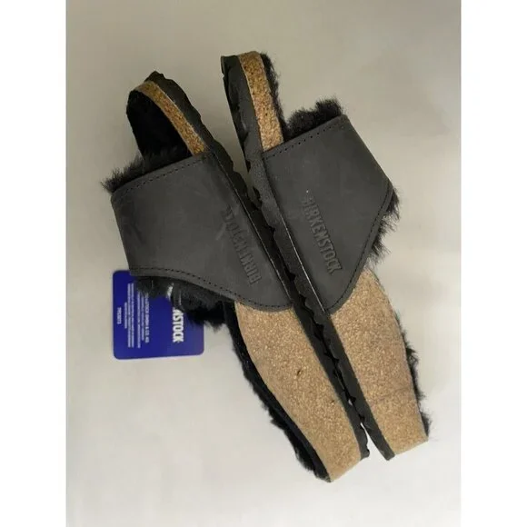 Birkenstock Madrid Big Buckle Black Oiled Leather Shearling Size 37 6 Narrow New